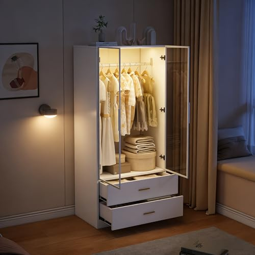 BRILVERDE Schrank mit LED und Glastüren – Großraum Kleiderschrank mit Kleiderstange, 2 Schubladen, automatischem Sensor, aus MDF (Kleiderschrank, 175x80x50 cm)