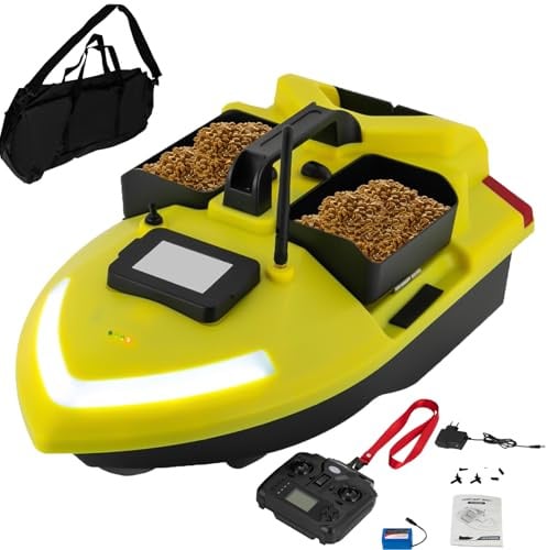 CHERIKIU 500m RC Köderboot mit GPS & 3 Köderboxen, ABS Angelköder Boot Fernbedienung Futterboot Fischköder Angeln Futterboot, Suchscheinwerfer & 12000mAh Batterie Fischköder-Boot (Gelb)