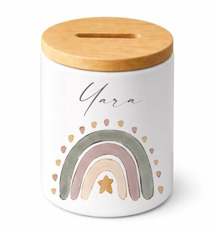 Manufaktur Liebevoll | Personalisierte Spardose für Kinder mit Namen Keramik Spardose mit Bambusdeckel Kinder Spardose personalisiert Geschenk zur Geburt, Taufe & Geburtstag (Regenbogen)