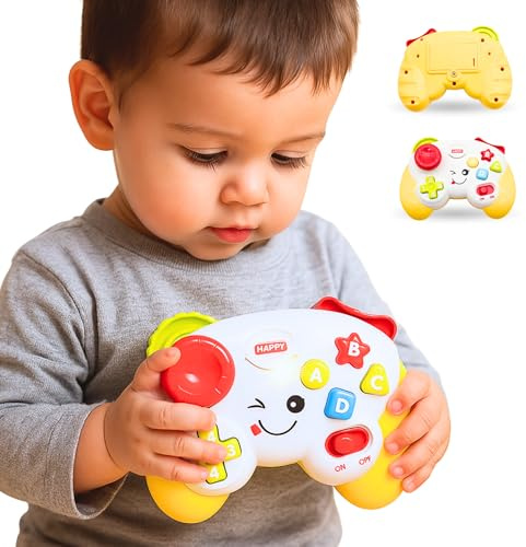 Juguete Musical para bebé - AMATOYS - Mi Primer Mando de Consola con Luces y música - Mando de Videojuego de Juguete para Primera Infancia - Juego Montessori Educativo (Amarillo)