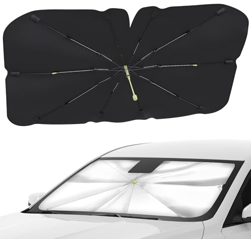 Woukksy Parasol Coche Delantero Interno, Parasol Paraguas Coche Delantero para Parabrisas 140 x 75 cm, Sombrilla Plegable para Coche con Anti UV Rayos, para Mayoría de Coches, SUV, Camiones