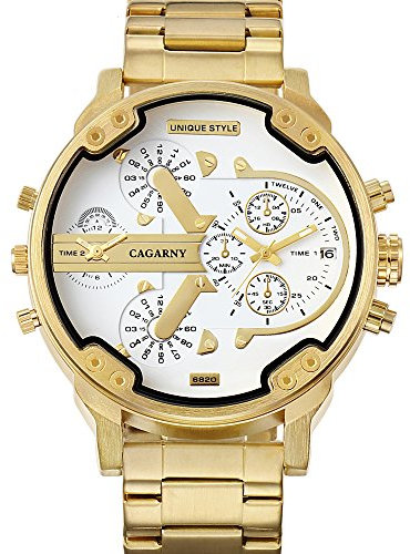 HWCOO Montres Homme Grand Cadran Double Affichage Fuseau Horaire Montre Alliage Acier Bande Or Montre (Blanc)