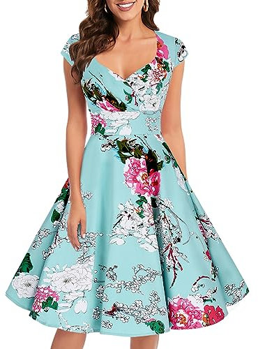 Bbonlinedress Robe Femme de Soirée Cocktail Vintage Femme Chic Courte pour Mariage Invité Gala Fête Témoin Anniversaire Col Carré Green Flower XS