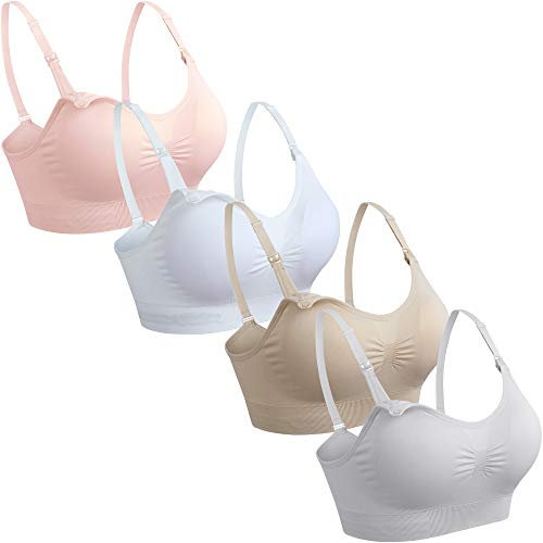 GXXGE 4Pack Womens Seamless Clip Down Maternity and Nursing Bra Push Up Sleeping Bralette for Breastfeeding Underwear Beige Grey Pink White Small