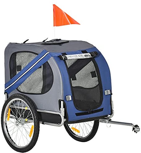 PawHut Rimorchio da Bicicletta per Cani e Gatti 2 Grandi Ruote da 50cm Buona Ventilazione Bandiera di Sicurezza Resistente alle Intemperie Blu e Grigio Acciaio e Tessuto Oxford