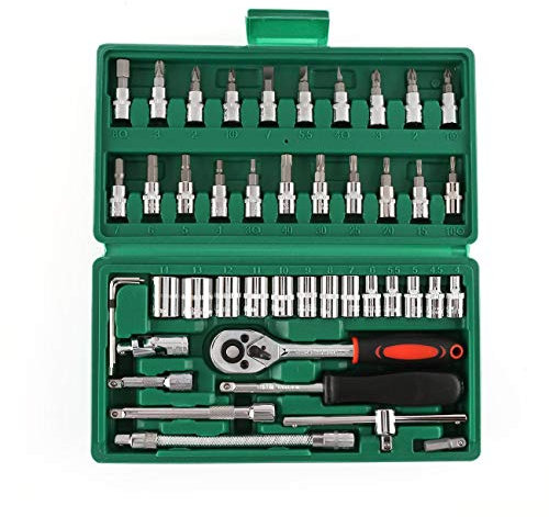 46 Piece 1/4” Socket Wrench Set Metric Tool Kit with Wrench Handle, Extension Bars, Flexible Extension Rods,Bits, Quick Release Reversible Ratchet, Drive Spanner Socket Set for Car Motorcycle Repair