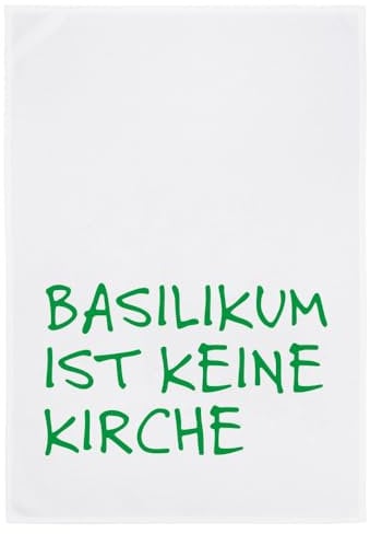 Geschirrtuch weiß, Basilikum ist keine Kirche in grün