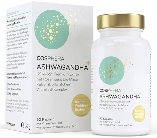 Ashwagandha Kapseln 500mg hochdosiert Vegan - Ashwagandha Extrakt aus KSM66 Markenrohstoff I Schlafbeere Komplex mit Rhodiola Rosea (Rosenwurz), Maca Pulver & B-Vitaminen, wie Biotin & Folsäure