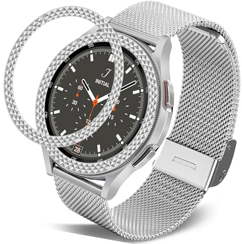 DEALELE Armband Kompatibel mit Samsung Gear Sport/Galaxy Watch 42mm / Galaxy 4 Classic (42mm), 20mm Edelstahl Metall Mesh Armbänder mit Bezel Ring Schutzhülle Ersatz für Frauen Männer, Silber