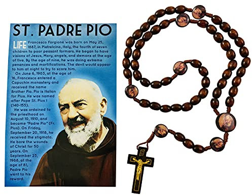 Westmon Works Saint Padre Pio Rosenkranz, Holzperlen mit buntem Zentrum und Glaube, erklärt, großes Heiliges Karten-Set