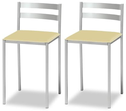 ASTIMESA 2 Taburetes de Cocina con Respaldo bajo, Franjas horizontales y Asiento tapizado - Estructura Color Aluminio - Asiento en Polipiel beig