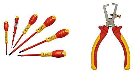 Stanley FatMax 0-65-443 Jeu De 6 Tournevis Isolés 1000V - Gamme FatMax & 0-84-010 Pince À Dénuder 170mm Isolée 1000 V - Gamme Fatmax - Poignée Bi matière Certifié - Tête Chromée Inoxydable