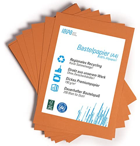 200 Blatt recyceltes Buntpapier Basteln Orange Bunt Pappe Blätter für Kinder A4 190g/m² LEIPA Manila-Karton Dekorieren, Tonpapier Bastel-Papier Bastelset Malblock, Vintage/Retro (Orange)