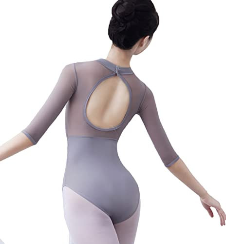 Damen Balletttrikot – 3/4-Ärmel, offener Rücken, dehnbares Netzgewebe, Gymnastik-Body, Tanztrikot für Frauen, grau, 38