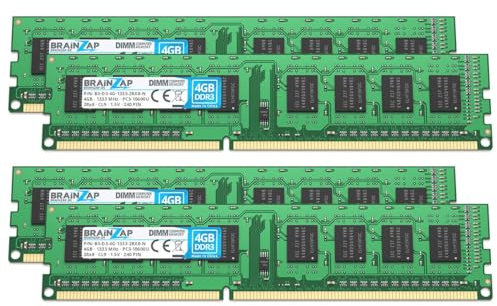 BRAINZAP 16GB DDR3 RAM DIMM PC3-10600U 2Rx8 1333 MHz 1.5V CL9 Computer PC Arbeitsspeicher (4X 4GB)