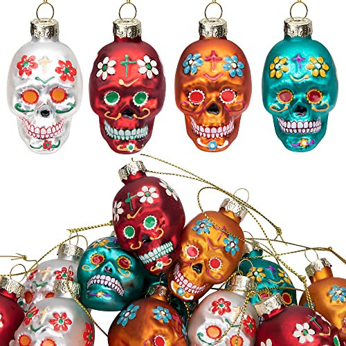 12pcs Day of The Dead Glass Ornaments - Dia De Los Muertos Sugar Skull & Skeleton Head Ornaments for Christmas Tree Hanging Decorations
