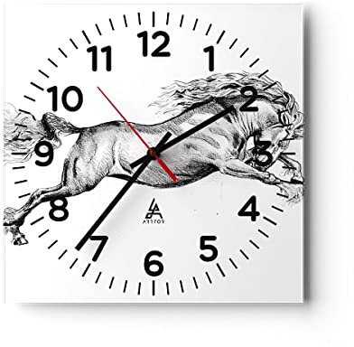 Modern Wanduhr Pferd Zeichnung Bleistift 30x30cm Quadrat Klein Wand Uhr Glas Analog Zimmeruhren Küche Büro Wohnzimmer Glasuhr Wall Clock Dekoration Design Wanddekoration Küchenuhr C4AC30x30-4906