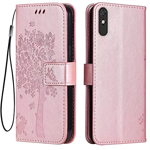 Topme Custodia in Pelle per Redmi 9A / Redmi 9AT (6.53 Inches), [ Cover per Telefono in Stile Gatto e Albero] - Oro rosa
