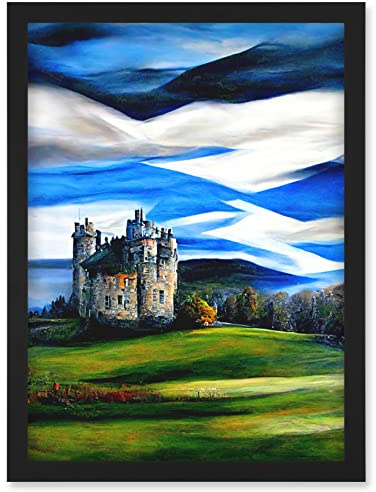 Doppelganger33 LTD Modern Oil Paint Doune Scottish Castle Saltire Sky Artwork Framed Wall Art Print A4