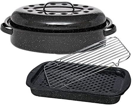 Graniteware - Cocotte Roaster + Set 3 pièces à griller : plat à four, grille à rôtir et plateau de cuisson - Acier émaillé