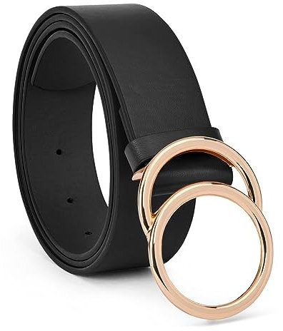 flintronic Women's Genuine Leather Belt Fashion Belts Ladies Faux Leather Waist Belt, Belt with Double O-Ring Buckle for Jeans Dress Pants (Black)