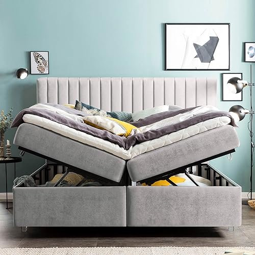 Boxspringbett mit XXL Bettkasten Paris 180x200 Samt, mit Topper, Acryl-Füße, Hotelbett, Polsterbett, 7 Zonen Taschenfederkern-Matratze, Aufbau KOSTENLOS (Silber, 180x200 cm mit Topper)