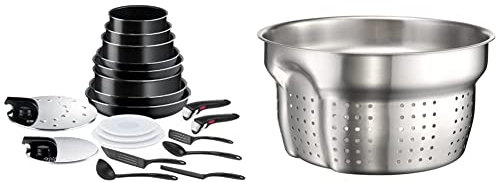 Tefal Ingenio Easy ON Pots & Pans Set, 20 Pieces, Stackable, Removable Handle, Space Saving, Non-Stick, Black, L1599402 & L9259804 Ingenio Saucepan Pasta Insert, Silver Coloured, 1.2 kg