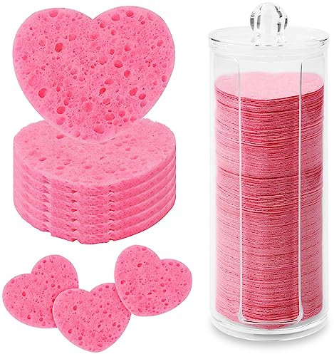 120 Piezas Esponjas Faciales, Esponjas Faciales Comprimidas Forma de Corazón Esponjas Faciales con Recipiente para Limpieza Facial Eliminación de Maquillaje Exfoliante (Rosa)