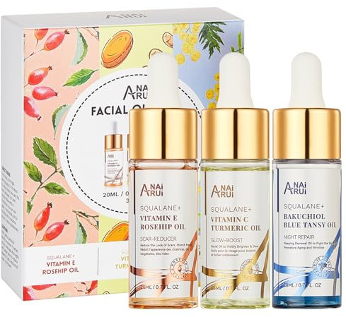 ANAiRUi Squalane Face Oil 3 Pack - Vitamin E Rosehip Oil + Vitamin C Turmeric Oil + Bakuchiol Blue Tansy Oil - Reduce Fine Lines & Wrinkles, Scar, Glow Booster, Nourish Skin