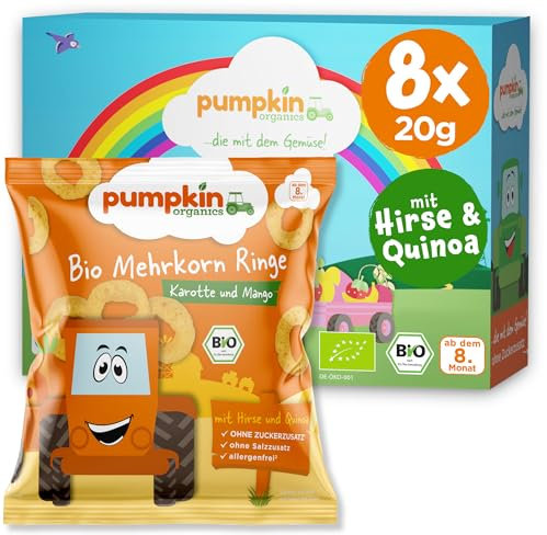 Pumpkin Organics Kindersnack Bio Mehrkorn Ringe Karotte und Mango (8er Pack) Baby Snacks ohne Zusatzstoffe ab dem 12. Monat - allergenfreie² und glutenfreie³ Knuspersnacks für Kinder (8x20g)
