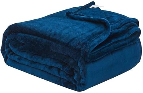 NFK Textile Coperta in 100% flanella di pile, motivo scozzese, per divano, letto, divano e coperta da viaggio (tinta unita, blu navy, matrimoniale)