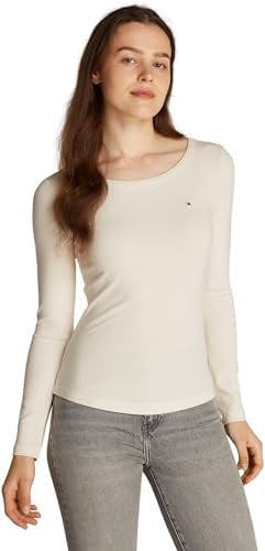 Tommy Hilfiger Donna Maglietta Maniche Lunghe Slim Scollo Rotondo, Beige (Calico), XL