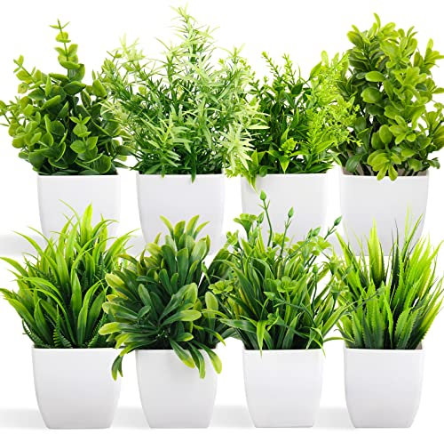 ZAOJUP Lot de 8 mini plantes artificielles en pot d'eucalyptus - Avec pot blanc - Pour la décoration de la maison, du bureau, de la table