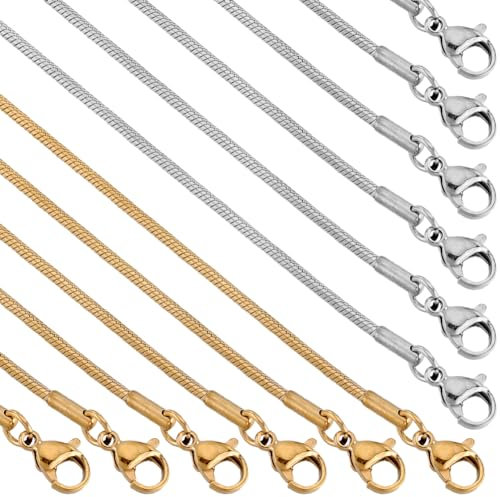SUNNYCLUE 12 Packung 20 Zoll/0.5 m 1mm Edelstahl Schlangenkette Massenproduktion von Schlangenhalsketten Metall Gold/Silber Karabinerverschlüsse Kabelgliederketten Für Schmuckherstellung Zubehör Fraue