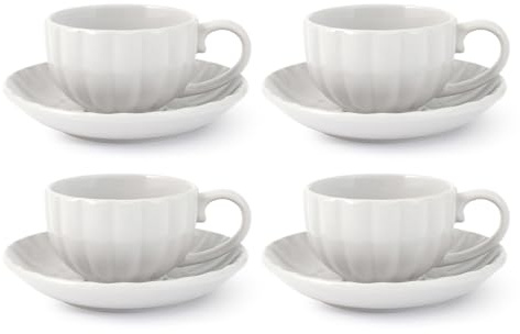 H&H-Set 4 Tazze Te' con piattino, linea Lotus, 220 cc, in stoneware, colore bianco, lavabili in lavastoviglie