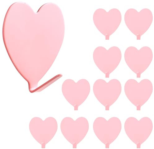 COMNICO 12 Pack Heart Shaped Decorative Wall Hooks, Cute Self-Adhesive Hanging Hooks Heavy Duty Stainless Steel No Tools Sticky Door Window Pothook for Home Kitchen Bathroom Office (Light Pink)