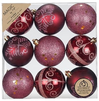 Inge-glas Weihnachtskugeln Kunststoff 6cm 9er Set - bruchsicher & mit Glitzer Muster - Christbaumkugeln für Weihnachtsbaum - Weihnachtsbaumkugeln & Christbaumschmuck Dunkel Weinrot - Bordeaux Red