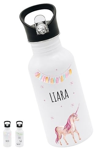 Bärenfreunde® - Personalisierte Trinkflasche Kinder Edelstahl [ 500ml ] - Robuste Trinkflasche mit Namen - Wasserflasche mit Trinkhalm - Personalisierte Geschenke für Kinder (Einhorn Girlande)