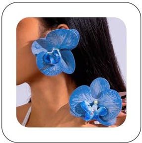 Xduargs Boho Exaggerate Blue Flower Stud Earrings Blue Phalaenopsis Flower Earrings Vintage Oversized Butterfly Orchid Earrings Bridal Floral Petal Flower Earrings Jewelry for Women