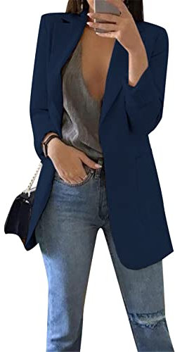 Yming Frauen Anzüge Mantel Blazer Frühling Einfarbig Vorne Offen Herbst Revers Jacke Navy Blau L