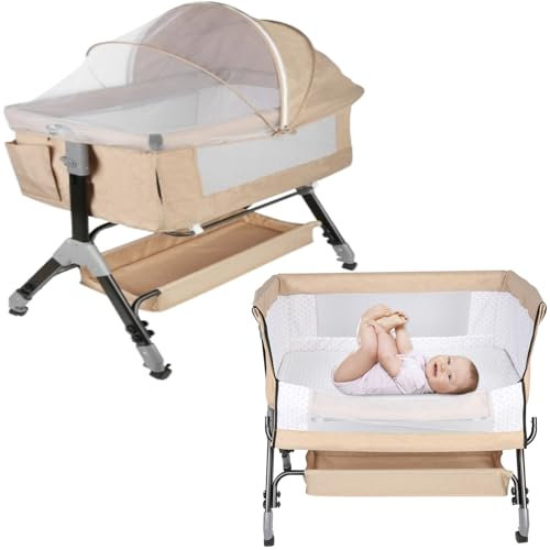 MUL-BOUTIQUE Lit Cododo Bebe avec Roues,Berceau Bébé Evolutif,Côté Repliable,4 Niveaux de Réglage de La Hauteur,Facile à Assembler,Equipé de Moustiquaire (Blanc cassé, 103-115cm quatrième Vitesse)