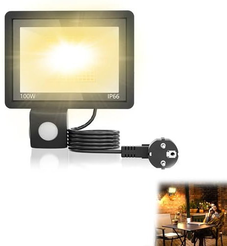 YRHome LED Strahler mit Bewegungsmelder 100W 3500LM Superhell Aussenlampe Fluter Außenleuchte Scheinwerfer Licht IP66 Wasserdicht Außenbeleuchtung für Garage Innenhöfe - Warmweiß mit 1.5m Stecker
