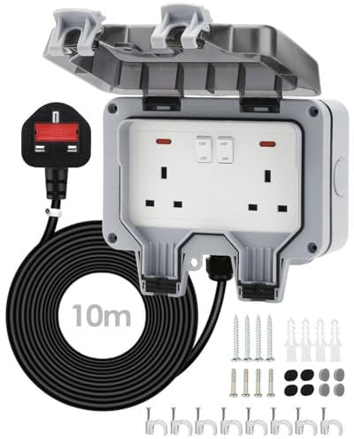 Zenmos Double Outdoor Socket 10M Extension Lead, Outdoor Plug Sockets Waterproof IP66, 13Amp 2 Gang Outside Plug Socket Waterproof, Switch Indicator Light Garden Wall Electrical Outlet Cover Box