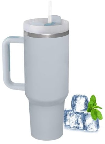 LOITTAINUE Thermobecher mit Strohhalm und Henkel, 1180ml 40oz Kaffeebecher To Go mit Deckel, Doppelwandiger Edelstahl Vakuum Isolierbecher, Tragbare Autobecher für Kalte Heiße Getränke (Grau)