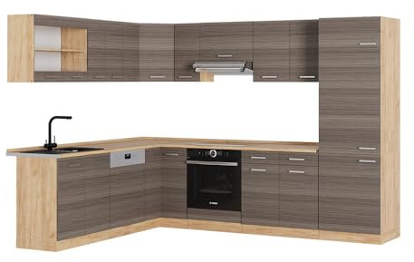 Vicco Eckküche R-Line, Edelgrau/Goldkraft Eiche, 227 x 287 cm ohne Arbeitsplatte