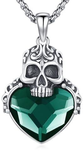PARYFO Totenkopf Halskette 925 Sterling Silber Totenkopf Anhänger Kette mit Grünem Kristall Totenköpfe Gothic Schmuck Halloween Schmuck Geschenke für Männer Frauen Mädchen