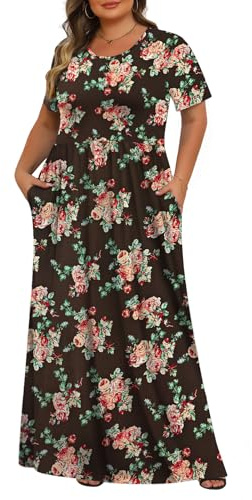 Tencede Womens Plus Size Maxi Dresses Summer 2025 Casual Short Sleeve with Pockets Long Dress 1X-5X, Rose Coffee, 5XL