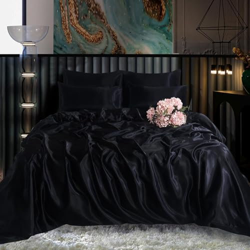 Luxury Satin Silk 6-Piece Bedding Set – Complete Set with Fitted Sheet, Duvet Cover & 4 Pillowcases – Soft, Smooth & Elegant Sleep Essentials (BLACK, King)