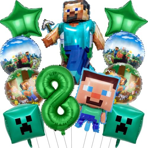 RNHDLY 11 Stück Geburtstagsdeko Spiel Jungen 8 Jahre, Geburtstagsdeko Jungen Miner Folienballon Wiederverwendung, Kindergeburtstag Deko Geschenk für Kindergeburtstage und Game Player Party