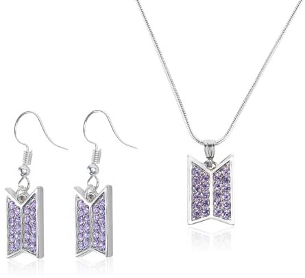 Kpop Idol Halskette Ohrringe Set – Halskette und Ohrringe in Silber mit Lila funkelnden Steinen, Geometrisches Doppelte-Form Design, Army Fans Accessoires für Konzerte, Kpop Geschenk für Fans